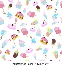 Sweet candy pattern with ice cream, cake and cocktail. Candy shop. Sweet Background.
