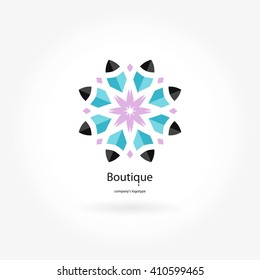 Sweet candy pink, blue circular logo for boutique, flower shop, business, beauty. Company mark, emblem, element. Simple geometric mandala logotype. Kaleidoscope big bud. Surround abstract blossom.
