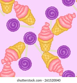 Sweet candy pixel style seamless pattern. Ice cream and lollipop background. 