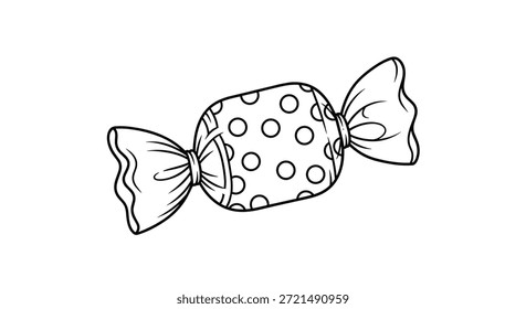 Süßes Bonbon in einer Polka Dot Wrapper als einfaches Schwarz-Weiß-Linie Kunstsymbol für Party und Süßwaren Designs illustriert.