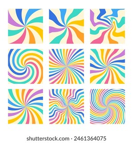 Sweet Candy Rainbow Backgrounds Set. Swirl Spiral Dynamic Backdrops Collection. Candy Abstract Colorful Pattern Frame.