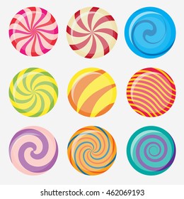 Sweet Candy, Round Caramel Lollipop Set, Colored Candies Collection Without Wrapper, Sugar Sweet-stuff Vector Food, Design Element For Christmas