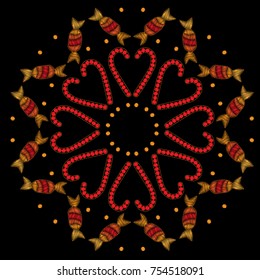 Sweet candy round frame embroidery stitches imitation on the black background. Fashion holiday embroidery with candy.