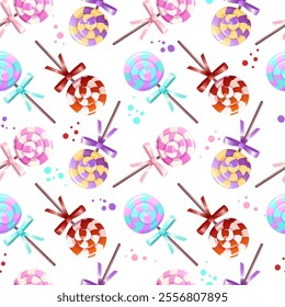 Sweet candy seamless pattern. Colorful lollipops on a wooden stick with a bow. Vector illustration of twisted sucker candy hard sugar caramel. Sweet food background.