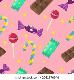 Sweet candy seamless pattern different types on pink background for coffee shop or restaurant vector illustration