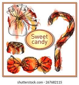 Sweet candy. Set of  four different candies. Pencil sketch  with watercolor spots on background.