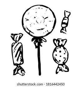 Sweet candy set. Hand drawn vector illustration. Doodle, ink sketching. Black contour drawing isolated on white. Primitive style, single picture for design, print, card, poster, sticker, banner, decor