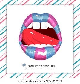 Sweet candy sexy passion lips, shining lipstick,erotic open mouth,  tongue hanging out