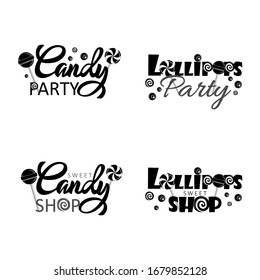 Sweet Candy Shop Logo design vector template set. Lollipops Bon-bon store Logotype Concept icon. Handwritten lettering vector illustration.