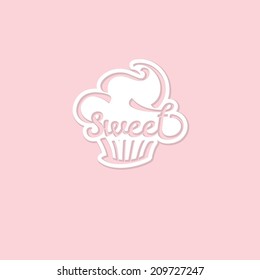Sweet. Candy Shop Sticker with Cupcake Silhouette. Vintage Illustration. Calligraphy