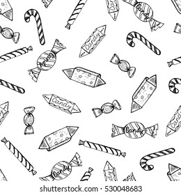 Sweet Candy Sketch. Hand-drawn Design Vector Illustration. Ideal Drawing Pattern. Seamless Doodles for Birthday, New-Year, Christmas, Valentine's, Party, Print, Congratulations Wrapping, Wallpaper.