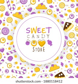 Sweet Candy Store Card Template with Tasty Sweets Seamless Pattern, Candy Bar, Shop, Cafe, Confectionery Design Cartoon Vector Illustration