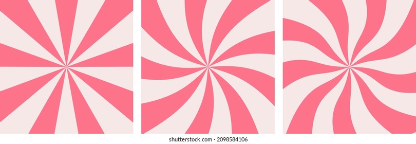 Sweet Candy Swirl Pink Background Set. Strawberry, Raspberry Lollipop, Yogurt Twist Template. Color Caramel Twirl Pattern. Abstract Modern Design. Vector Illustration.