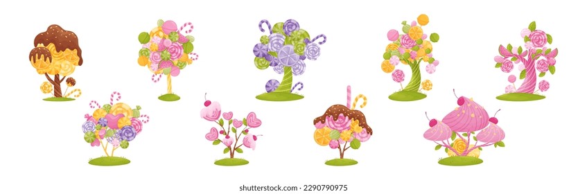 Sweet Candy Trees as Fantasy Nature with Lolly and Sugary Confection Vector Set