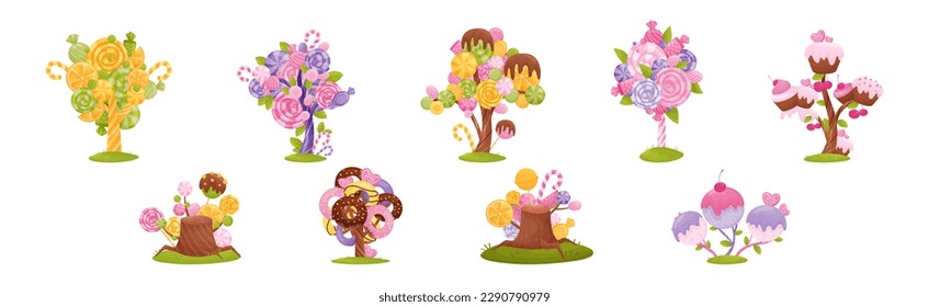 Sweet Candy Trees as Fantasy Nature with Lolly and Sugary Confection Vector Set