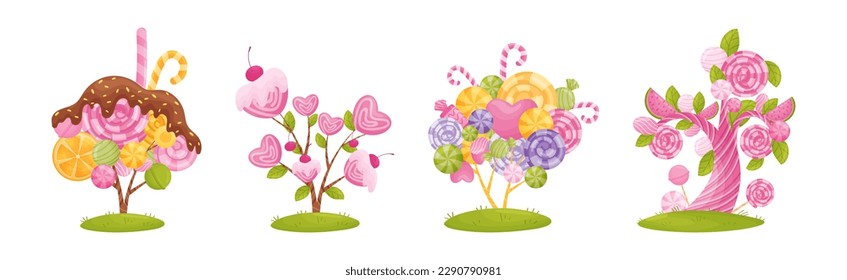 Sweet Candy Trees as Fantasy Nature with Lolly and Sugary Confection Vector Set