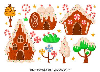 Dulces árboles de caramelo y casas de jengibre con Navidades de decoración de glaseado de azúcar postres de vacaciones de invierno aislados sobre fondo blanco. Ilustración vectorial festiva de panadería y confitería de jengibre