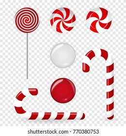 Sweet candy of various forms (cane, circle on stick) and flavors on transparent background. Decoration for the new year. Vector Illustration. EPS10