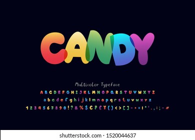 Sweet candy, vector typeface. Multicolor cartoon capital and small English letters, numbers and punctuation marks. Bright rainbow font for colorful design