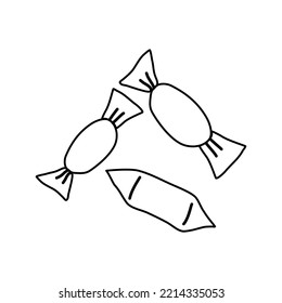 Sweet candy in wrap, doodle style flat vector outline for kids coloring book