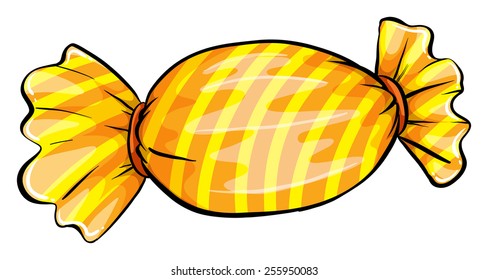 A sweet candy with a yellow wrapper on a white background