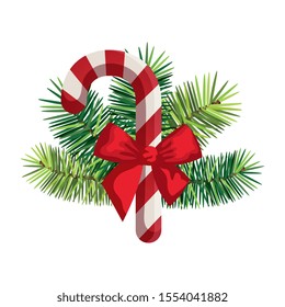 sweet cane christmas with bow and leafs vector illustration design