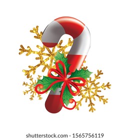 sweet cane christmas with bow ribbon and snowflakes vector illustration design