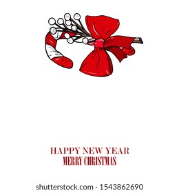 sweet cane, mistletoe and and red bow. New Year and christmas  greeting card, poster, banner, clipart.hand drawing, isolated.