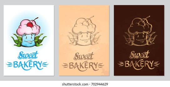Sweet capcake with cream and cherry. Set from vector cards with place for text and vintage inscription
