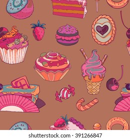 Sweet cape cakes, ice cream and fruits. Seamless hand-drawn pattern on brown background. 