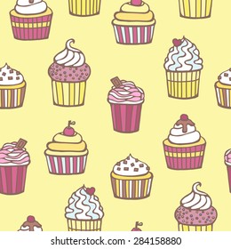 Sweet cape cakes pattern on yellow background. Seamless. 