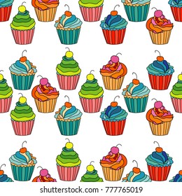 Sweet cape cakes seamless pattern on white background. Textile rapport.