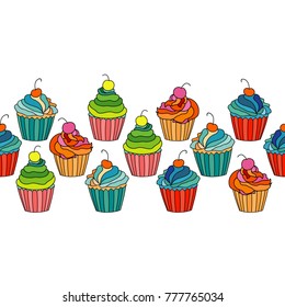 Sweet cape cakes seamless pattern on white background. Textile rapport.