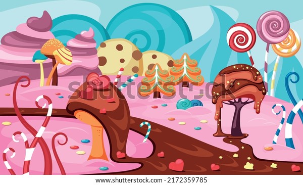 sweet\
caramel background. cartoon fantasy landscape with sweets caramel\
bushes and trees. Vector fairytale\
landscape