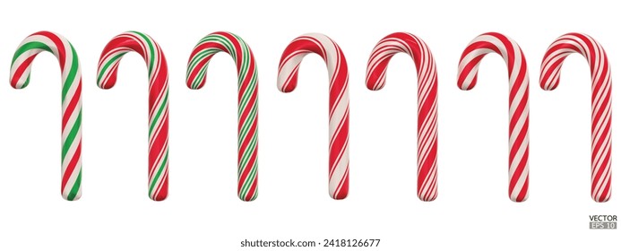 Sweet caramel candy Christmas cane isolated on white background. Striped mint lollipop in christmas colors. 3d vector illustration.