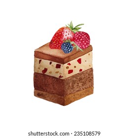 Sweet caramel and chocolate cake with marmalade and berries. Hand drawn with watercolor illustration in vector.