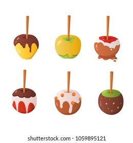 Sweet caramel and chocolate candy apple set. Vector illustration in cartoon style.