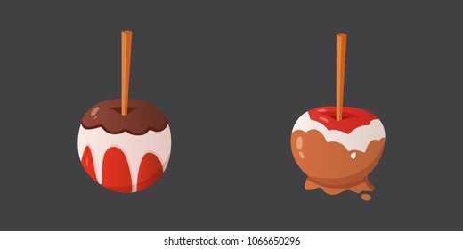 Sweet caramel and chocolate candy apple set. Vector illustration in cartoon style.