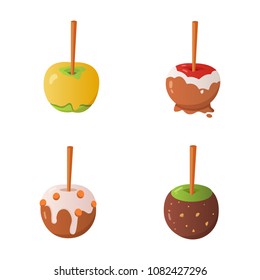 Sweet caramel and chocolate candy apple set. Vector illustration in cartoon style.