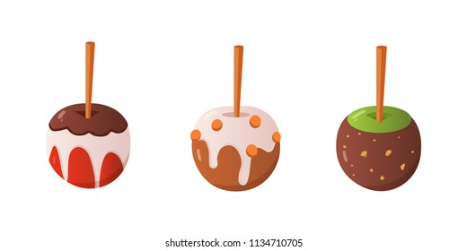 Sweet caramel and chocolate candy apple set. Vector illustration in cartoon style.