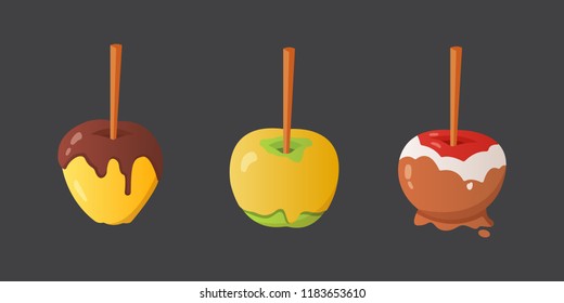 Sweet caramel and chocolate candy apple set. Vector illustration in cartoon style.