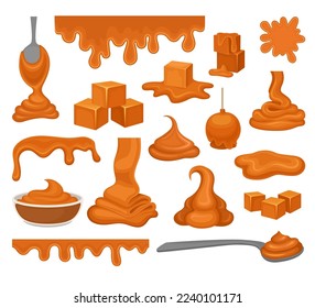 Sweet Caramel in Cube, on Spoon and Dripping Down Big Vector Set