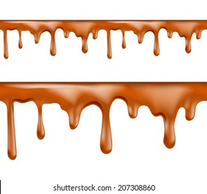 Sweet caramel drips seamless patterns on white background. Vector illustration