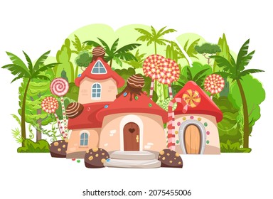 Sweet Caramel Fairy House In Wild Jungle. Illustration In Cartoon Style Flat Design. Summer Cute Landscape. Picture For Children Isolated On White Background. Vector.