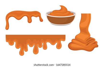 Sweet Caramel Flowing Down in Layers and Poured in Glass Bowl Vector Set