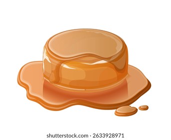 Sweet caramel isolated on white background. Round soft candy with caramel flavor. Single toffee in caramel syrup. Vector illustration for confectionery, dessert cooking, culinary ingredient