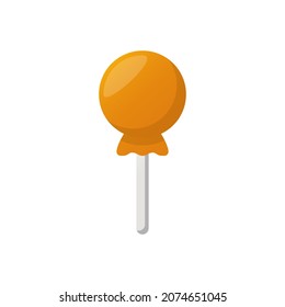 Sweet Caramel with Wrapper on Stick illustration. Orange Lollipop on Stick. Cute Tasty Candy and Party Treat on White Background. Isolated Vector.