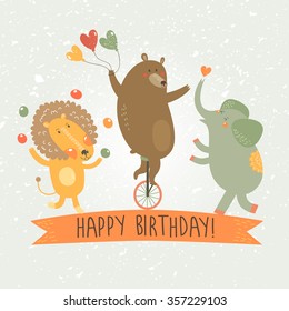 Sweet card with with bear, lions and elephant from circus in vector. Happy birthday invitation background in bright colors.