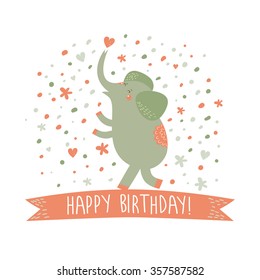 Sweet card with with elephant in vector. Happy birthday invitation background in bright colors.