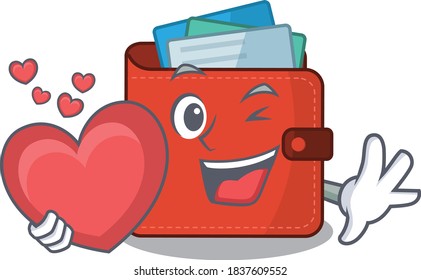 A sweet card wallet cartoon character style holding a big heart